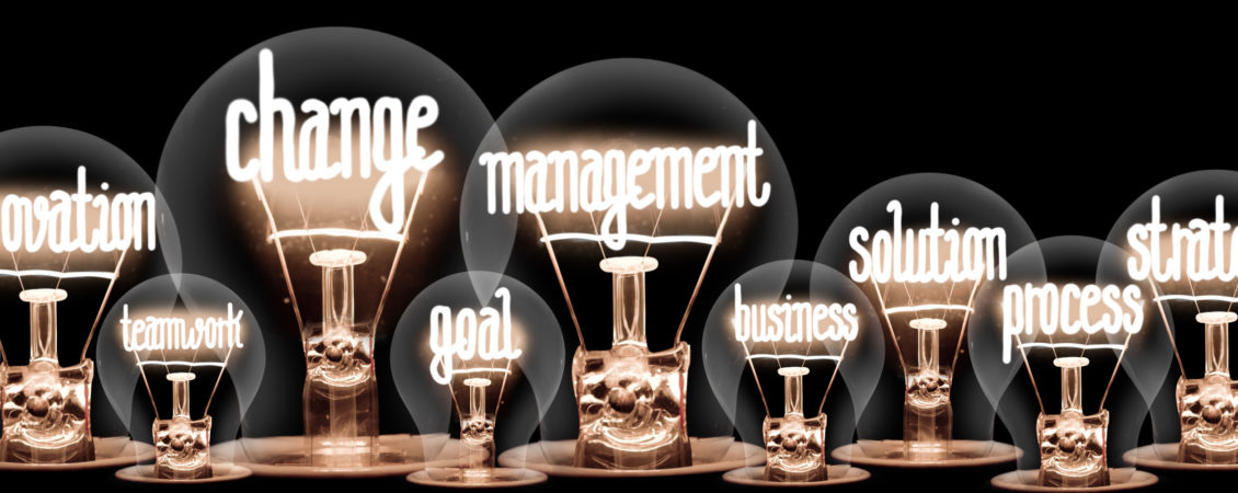 Light Bulbs with Change Management Concept Group of light bulbs with shining fibers in a shape of Change Management, Strategy, Solution and Innovation concept related words isolated on black background